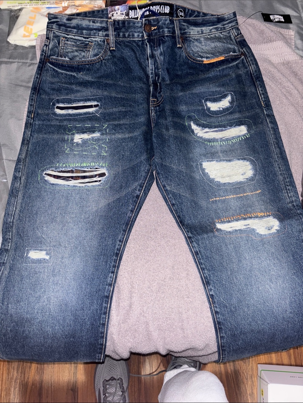 Billionaire Boys Club Distressed Dark Blue Denim Jeans with Green Stitch Accents
